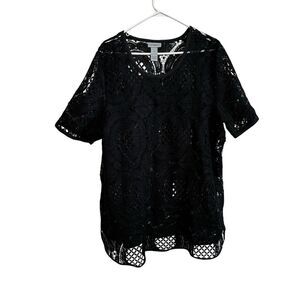 Catherine’s Black Lace Tunic Crew Neck Plus Size Vented Hem 1X